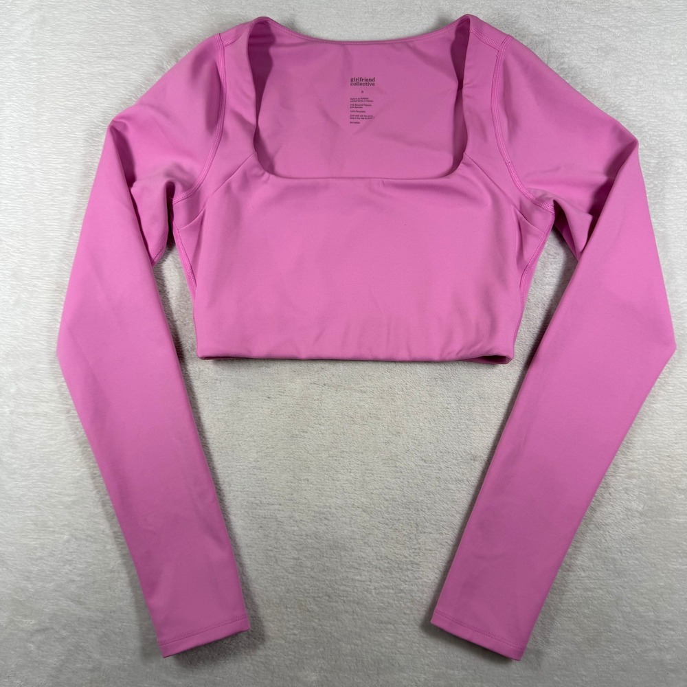 Girlfriend Collective Tommy Pink Square Neck Cropped Long Sleeve Top Small
